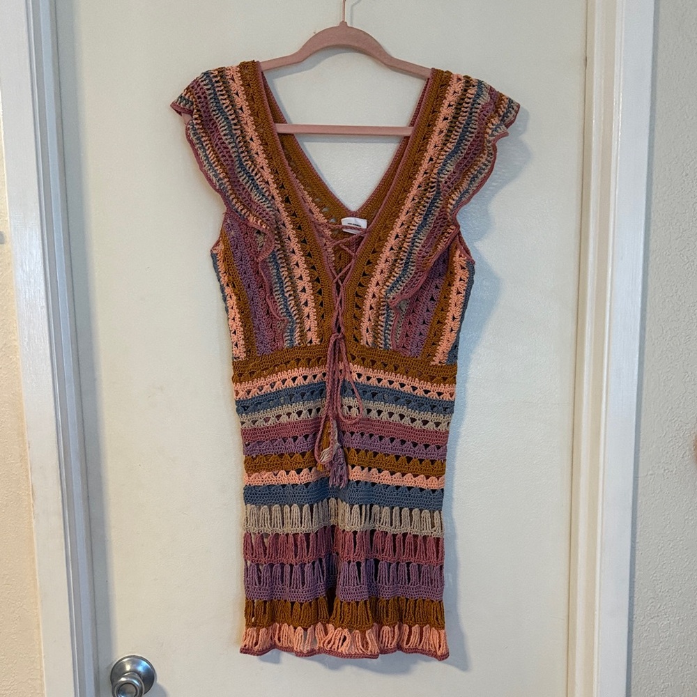 Anna Kosturova Multicolor Crochet Dress with Lace-Up Detail size small